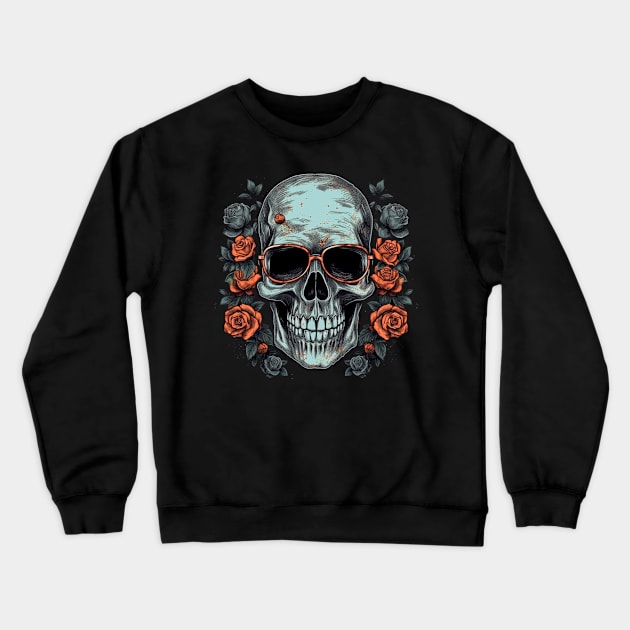 Cool Hipster Skull with Glasses and Roses Crewneck Sweatshirt by Unelmoija